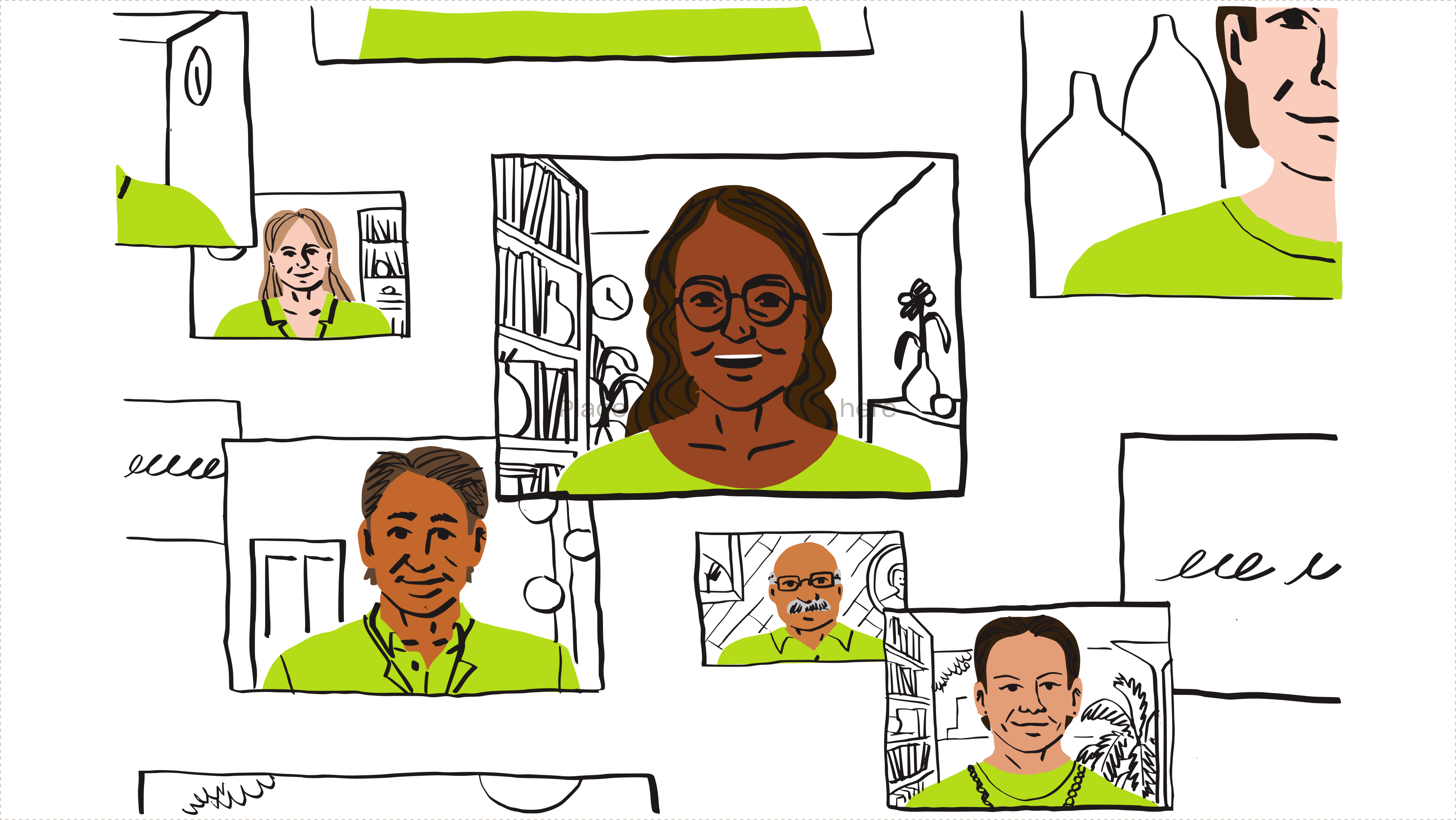 Illustration of seven men and women on a video call.