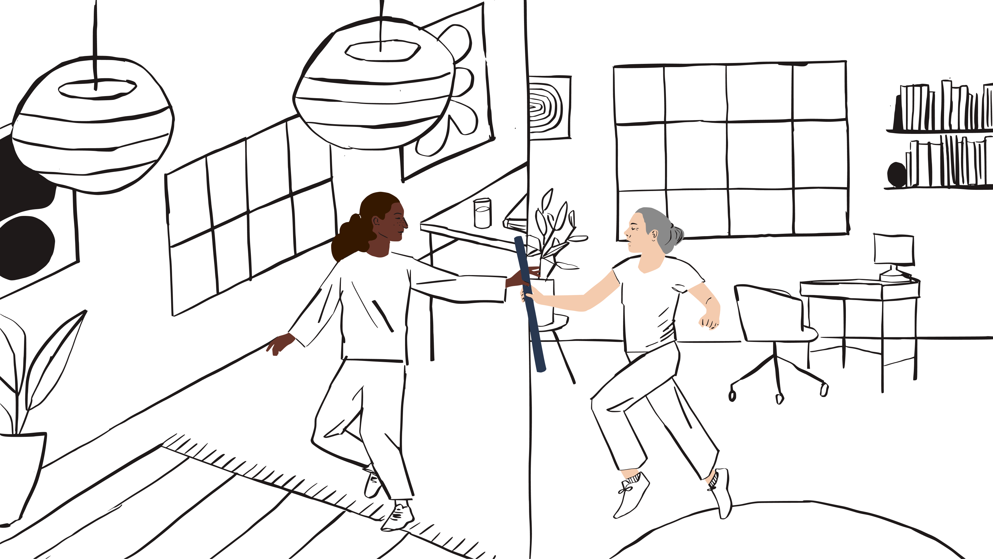 Illustration of a woman passing a baton to another woman.