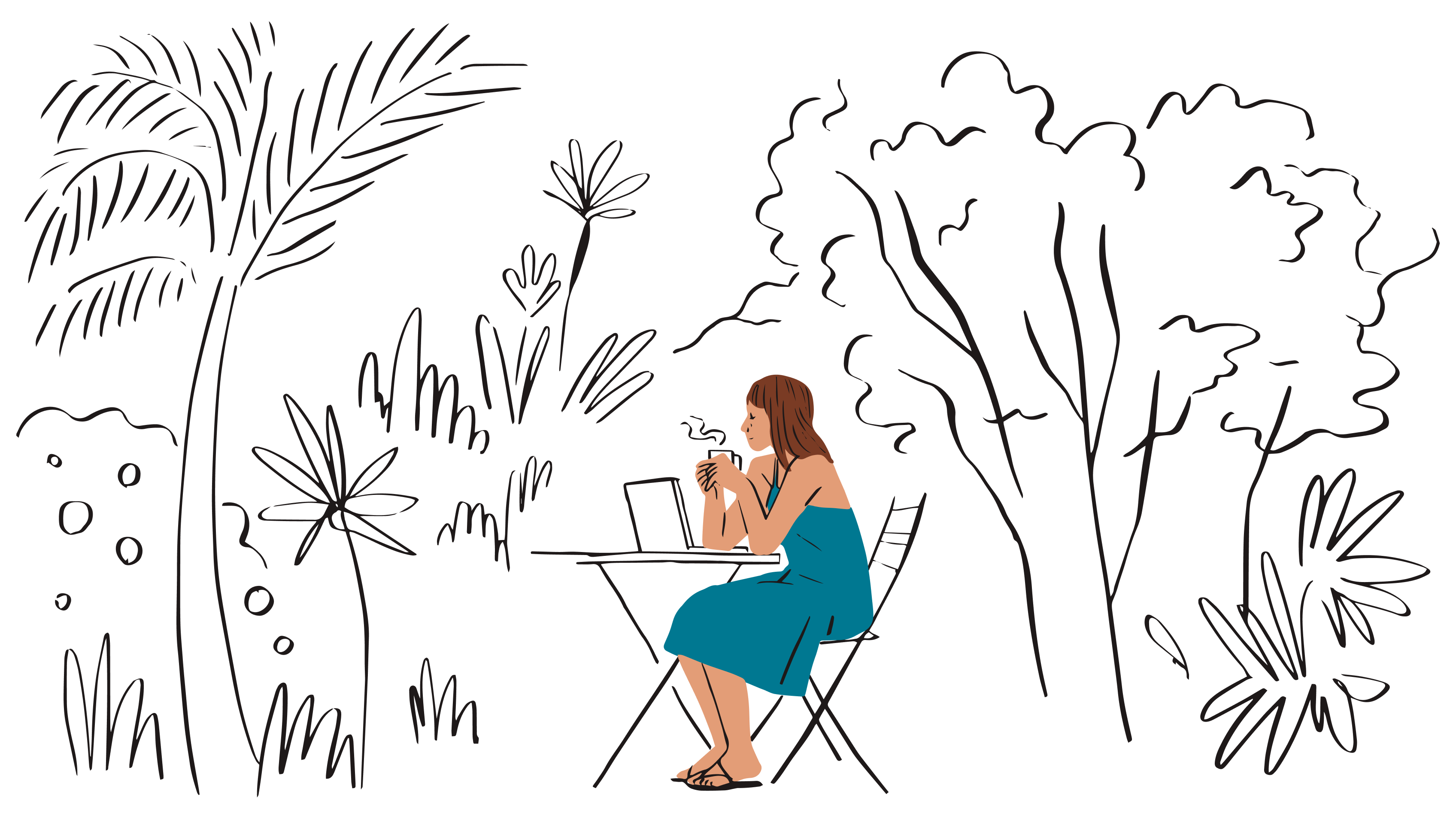 Illustration of a woman sitting outside at a table sipping coffee.