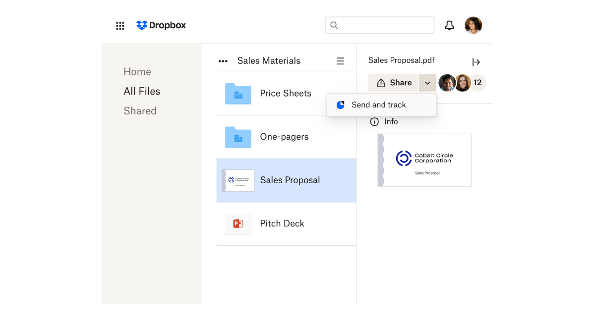 En Dropbox-användare delar en offert med DocSend funktionen ”Skicka och spåra”